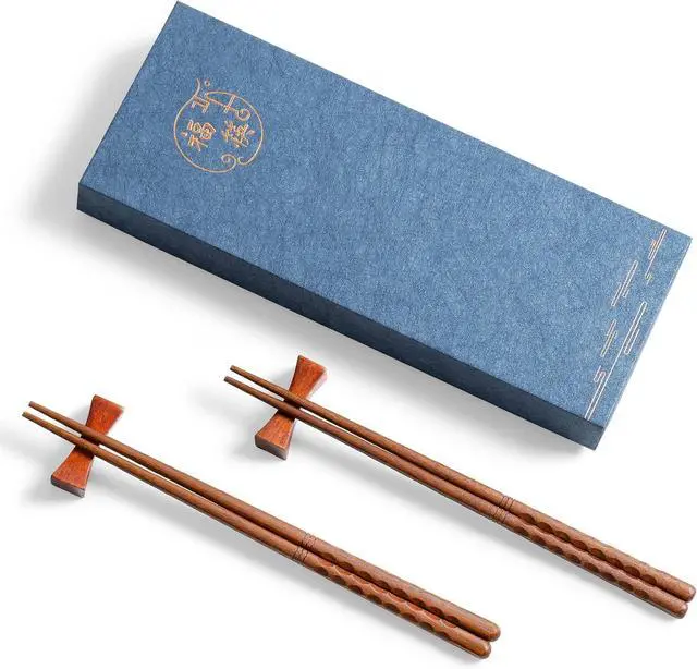 Main image of Reusable Wooden Chopsticks Set, 2 Pairs, 9.2 Inch, Concave Rests | Spiral grooves support control; four-sided concave rests keep tips raised between bites in a polished, gift-ready dining set.