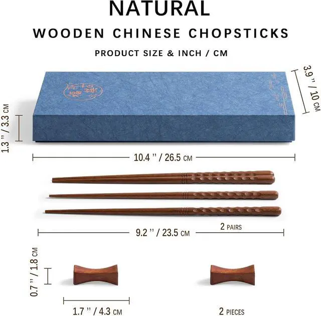 Alt view image 3 of 4 - Reusable Wooden Chopsticks Set, 2 Pairs, 9.2 Inch, Concave Rests | Spiral grooves support control; four-sided concave rests keep tips raised between bites in a polished, gift-ready dining set.