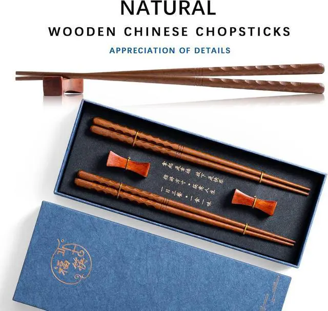 Alt view image 2 of 4 - Reusable Wooden Chopsticks Set, 2 Pairs, 9.2 Inch, Concave Rests | Spiral grooves support control; four-sided concave rests keep tips raised between bites in a polished, gift-ready dining set.