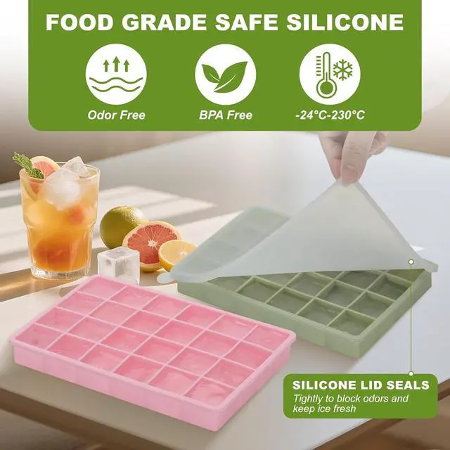 Alt view image 3 of 7 - Silicone Ice Cube Tray, Easy Release Flexible Ice Cube Tray with Removable Lid, 24 Small Ice Cub Per Tray for Whiskey, Freezer, Cocktail, Reusable & BPA Free (Pink+Green)