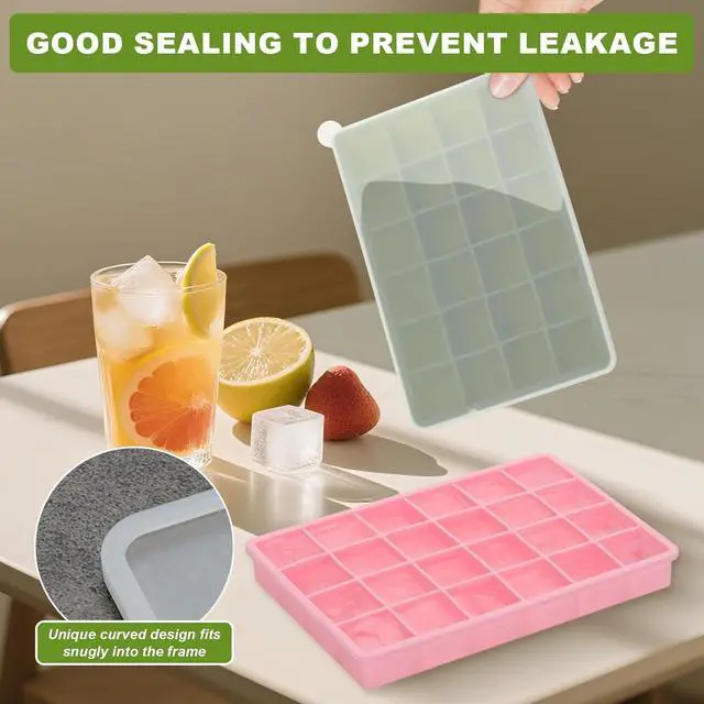 Alt view image 4 of 7 - Silicone Ice Cube Tray, Easy Release Flexible Ice Cube Tray with Removable Lid, 24 Small Ice Cub Per Tray for Whiskey, Freezer, Cocktail, Reusable & BPA Free (Pink+Green)