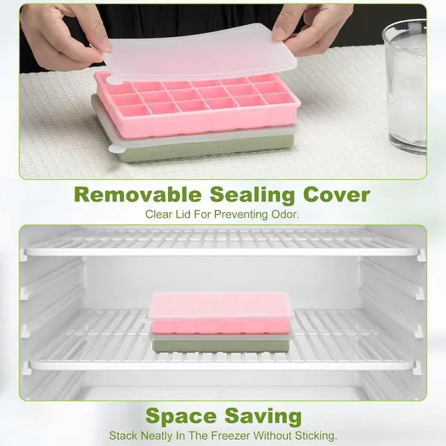 Alt view image 6 of 7 - Silicone Ice Cube Tray, Easy Release Flexible Ice Cube Tray with Removable Lid, 24 Small Ice Cub Per Tray for Whiskey, Freezer, Cocktail, Reusable & BPA Free (Pink+Green)