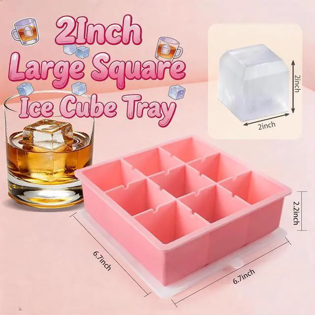 Alt view image 3 of 7 - Large Ice Cube Tray for Whiskey, 9-Cavity Square Ice Cube Mold with Lid, 2Inch Silicone Ice Trays for Freezer