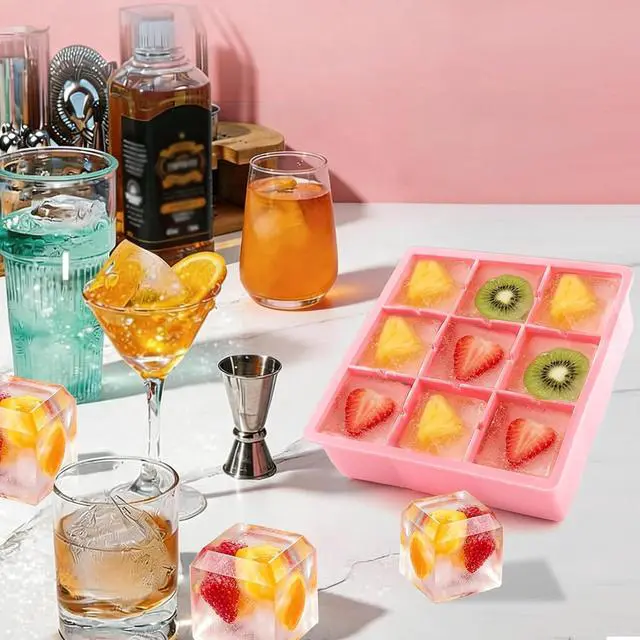 Alt view image 2 of 7 - Large Ice Cube Tray for Whiskey, 9-Cavity Square Ice Cube Mold with Lid, 2Inch Silicone Ice Trays for Freezer