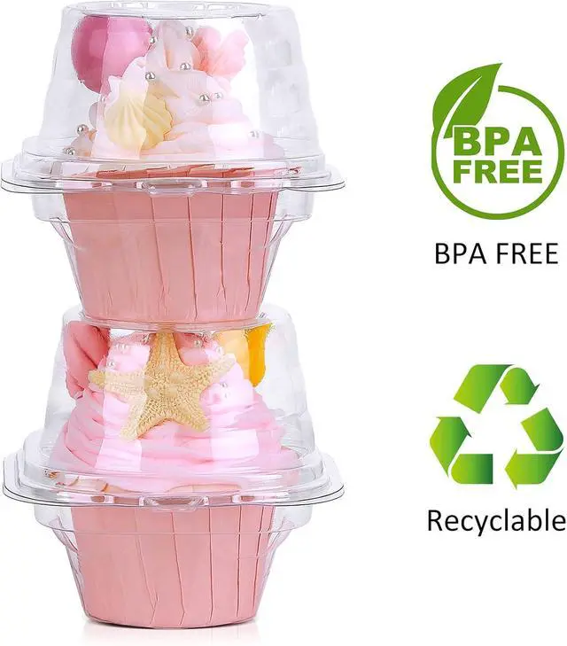 Alt view image 4 of 6 - Cupcake Boxes Individual Cupcake Containers 50 Packs | Clear Plastic Cupcake Carrier for Muffin Cupcake Holders with Lids, High Topping, Thicker, Stackable