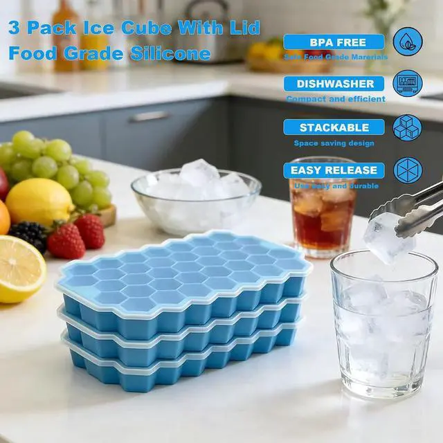 Alt view image 2 of 6 - Ice Cube Tray with Lid, Easy Release,Mini Silicone Moulds, 3 Packs 37 Ice Trays, LFGB and BPA Free (Blue 3 Packs)