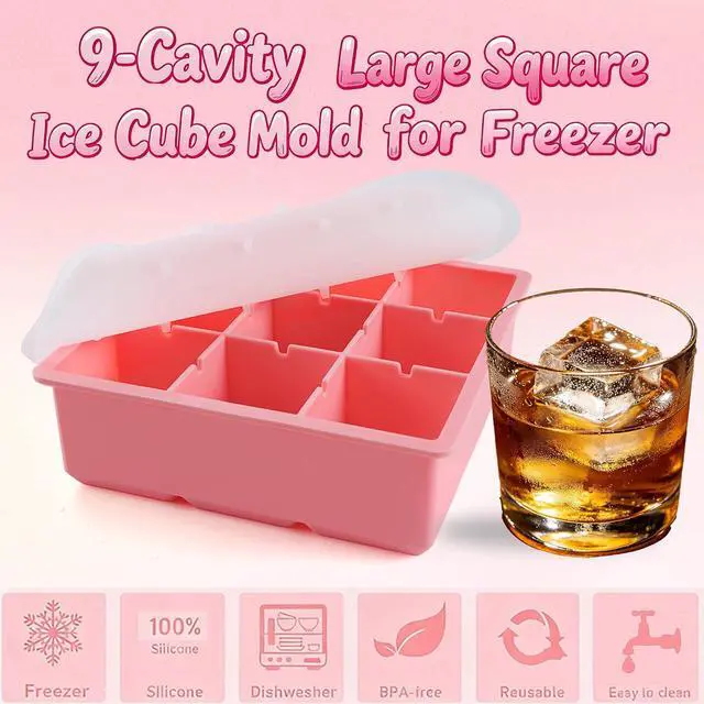 Alt view image 4 of 7 - Large Ice Cube Tray for Whiskey, 9-Cavity Square Ice Cube Mold with Lid, 2Inch Silicone Ice Trays for Freezer