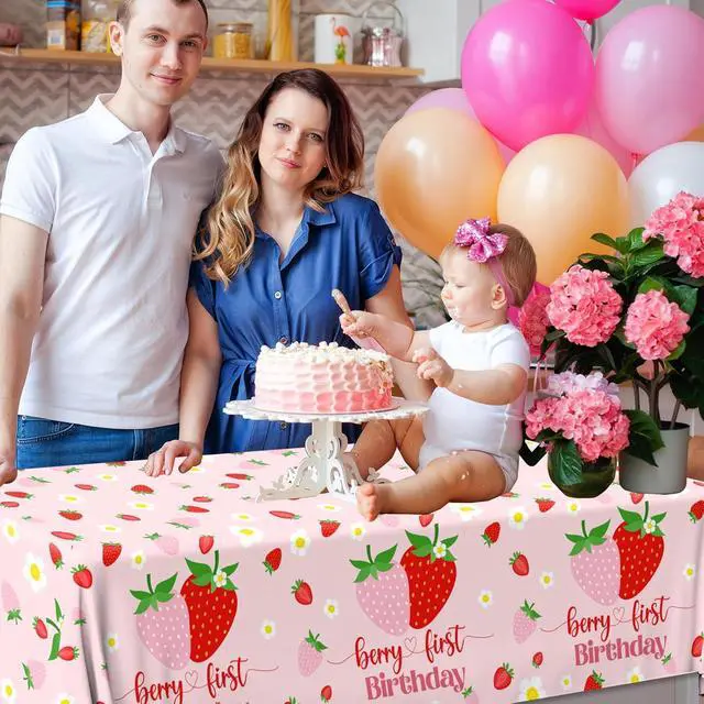 Alt view image 2 of 6 - Berry First Birthday Decor, 3Pcs Strawberry Tablecloth Plastic Table Cover Strawberry 1st Birthday Decorations for Girl