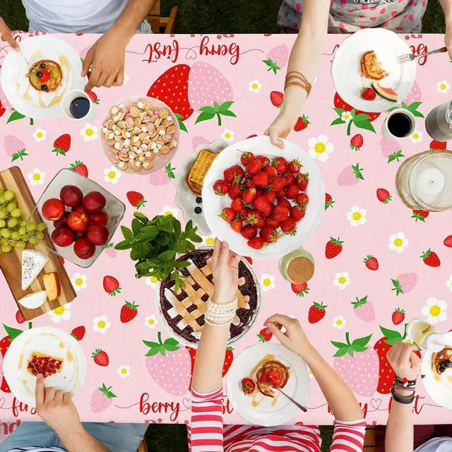 Alt view image 3 of 6 - Berry First Birthday Decor, 3Pcs Strawberry Tablecloth Plastic Table Cover Strawberry 1st Birthday Decorations for Girl