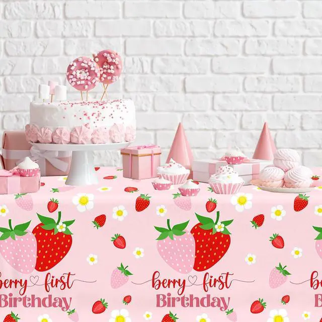 Alt view image 4 of 6 - Berry First Birthday Decor, 3Pcs Strawberry Tablecloth Plastic Table Cover Strawberry 1st Birthday Decorations for Girl