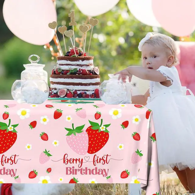 Alt view image 5 of 6 - Berry First Birthday Decor, 3Pcs Strawberry Tablecloth Plastic Table Cover Strawberry 1st Birthday Decorations for Girl