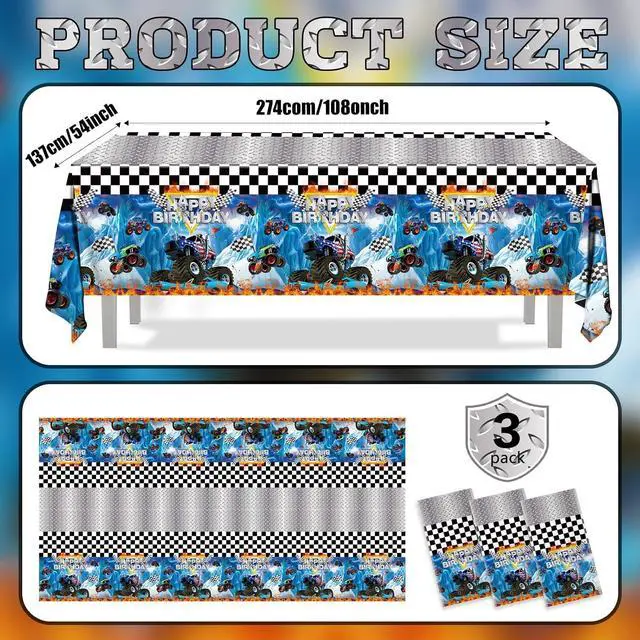 Alt view image 2 of 7 - 3pcs Monster truck Tablecloth Birthday Decorations Party Tablecloths | Disposable Rectangular Watercolor Table Cover for Kids Boys Birthday Party Supplies 54 * 108inch