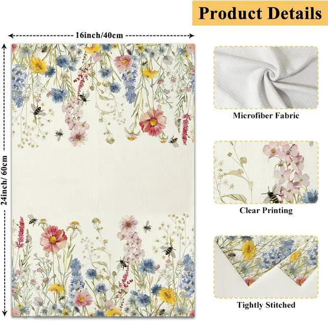 Alt view image 2 of 5 - Wildflower Floral Kitchen Towels and Dishcloths, Vintage Decorative Hand Towel Drying Cloth for Bathroom Baking, Housewarming Gift for Friend, Woman, Hostess, 16x24 Inches -13