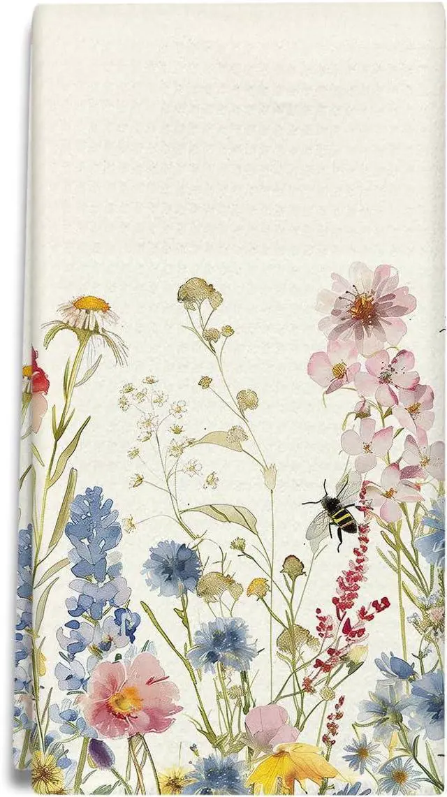Main image of Wildflower Floral Kitchen Towels and Dishcloths, Vintage Decorative Hand Towel Drying Cloth for Bathroom Baking, Housewarming Gift for Friend, Woman, Hostess, 16x24 Inches -13