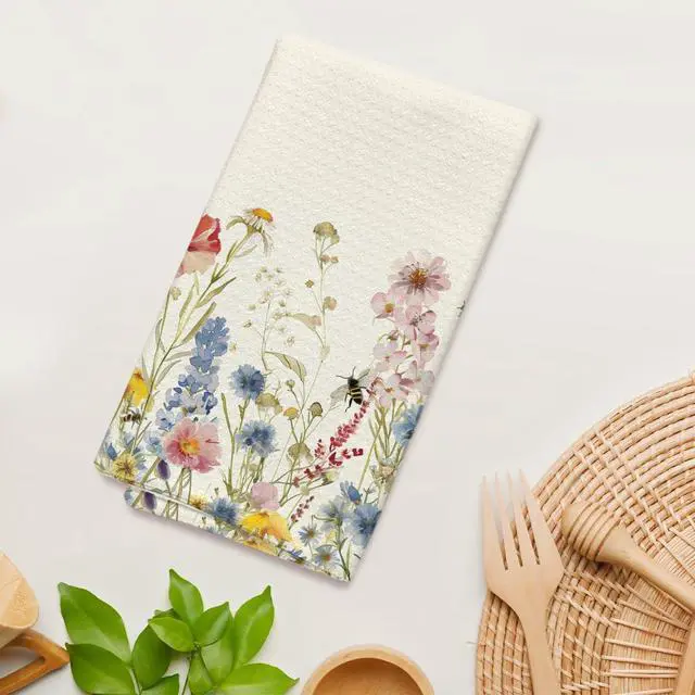 Alt view image 3 of 5 - Wildflower Floral Kitchen Towels and Dishcloths, Vintage Decorative Hand Towel Drying Cloth for Bathroom Baking, Housewarming Gift for Friend, Woman, Hostess, 16x24 Inches -13