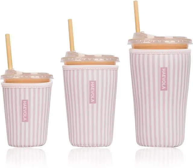 Main image of Reusable Insulated Neoprene Iced Coffee Cup Sleeve, Durable Drink Sleeve for Cold Beverages, Beverage Holder for Iced Coffee, Pink Stripes
