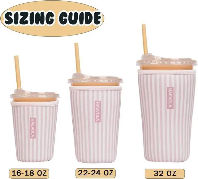Alt view image 5 of 7 - Reusable Insulated Neoprene Iced Coffee Cup Sleeve, Durable Drink Sleeve for Cold Beverages, Beverage Holder for Iced Coffee, Pink Stripes