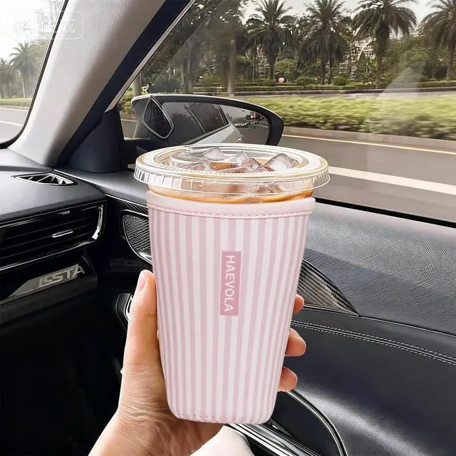Alt view image 2 of 7 - Reusable Insulated Neoprene Iced Coffee Cup Sleeve, Durable Drink Sleeve for Cold Beverages, Beverage Holder for Iced Coffee, Pink Stripes