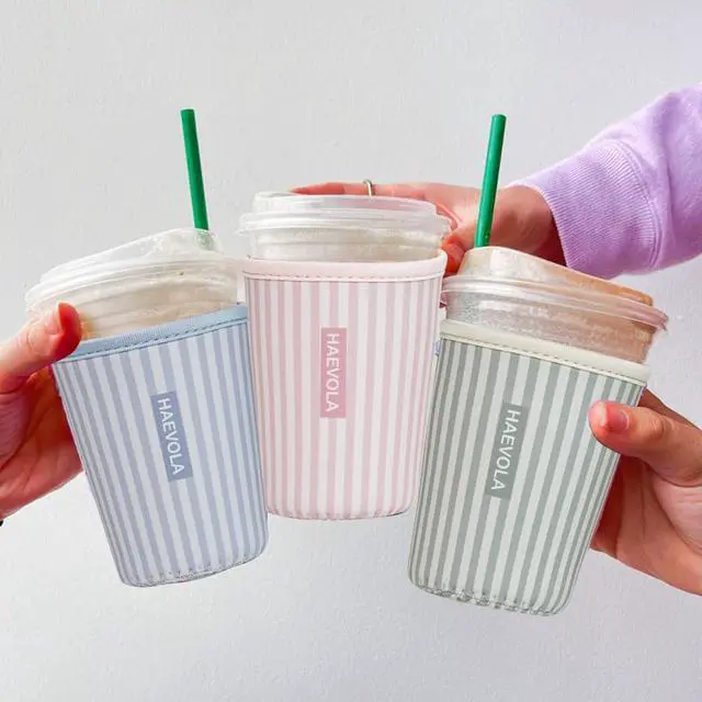 Alt view image 4 of 7 - Reusable Insulated Neoprene Iced Coffee Cup Sleeve, Durable Drink Sleeve for Cold Beverages, Beverage Holder for Iced Coffee, Pink Stripes