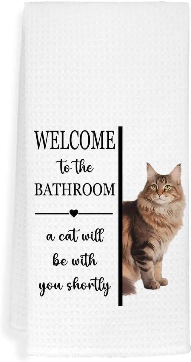 Main image of EXUQO Funny Bathroom Hand Towels Dishcloths for Cat Mom Dad Maine Coon Lover Gifts,Welcome to The Bathroom a Cat Will Be with You Shortly Dish Towel,16x24 inch