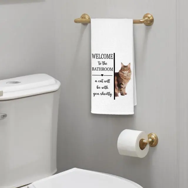 Alt view image 3 of 4 - EXUQO Funny Bathroom Hand Towels Dishcloths for Cat Mom Dad Maine Coon Lover Gifts,Welcome to The Bathroom a Cat Will Be with You Shortly Dish Towel,16x24 inch