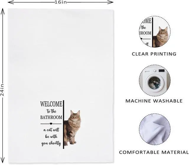 Alt view image 4 of 4 - EXUQO Funny Bathroom Hand Towels Dishcloths for Cat Mom Dad Maine Coon Lover Gifts,Welcome to The Bathroom a Cat Will Be with You Shortly Dish Towel,16x24 inch