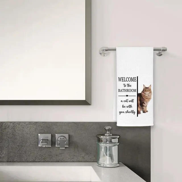Alt view image 2 of 4 - EXUQO Funny Bathroom Hand Towels Dishcloths for Cat Mom Dad Maine Coon Lover Gifts,Welcome to The Bathroom a Cat Will Be with You Shortly Dish Towel,16x24 inch