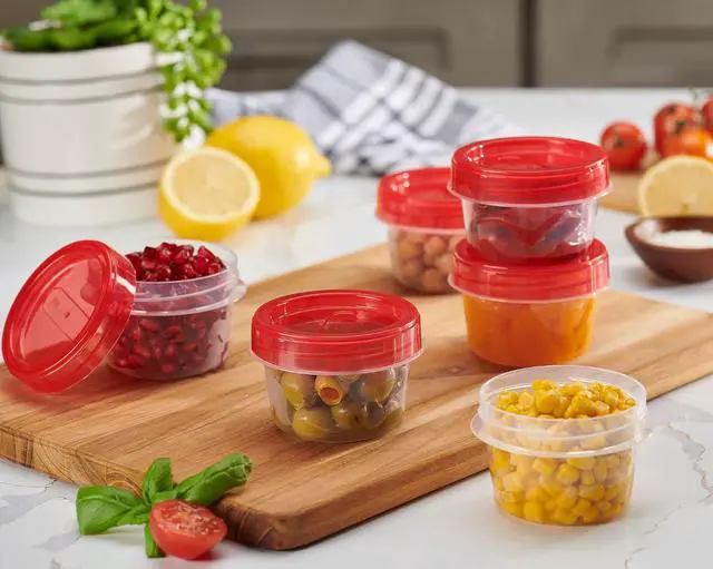 Alt view image 3 of 7 - PLASTICPRO 6 Pack Twist Cap Food Storage Containers with Red Screw on Lid- 4 oz Reusable Meal Prep Containers - Small Freezer Containers Microwave Safe Red Plastic Food Storage