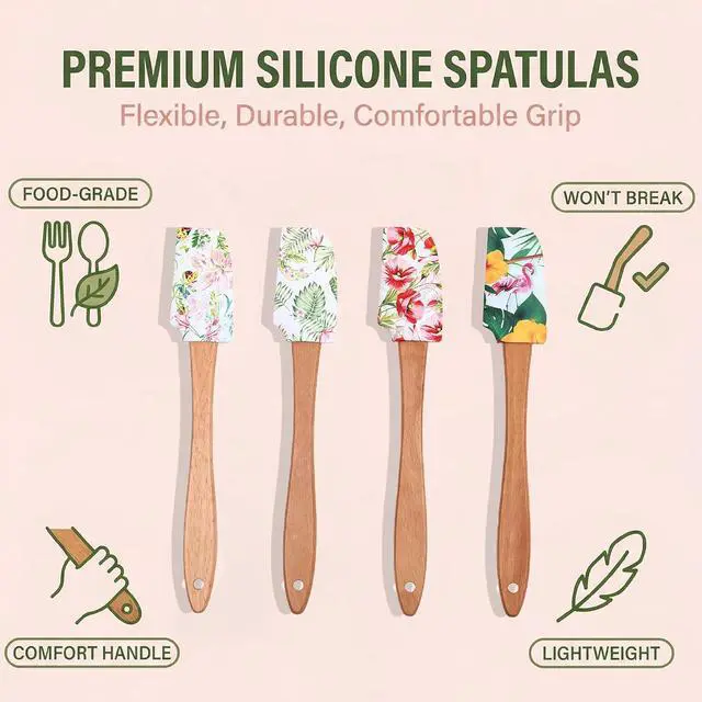 Alt view image 3 of 7 - Silicone Cooking Spatula Set with Wooden Handles: Ideal for daily cake & dessert baking, perfect as holiday gifts or surprise favors for kitchen gatherings. (4 pcs Floral Pattern, 8.3 IN)