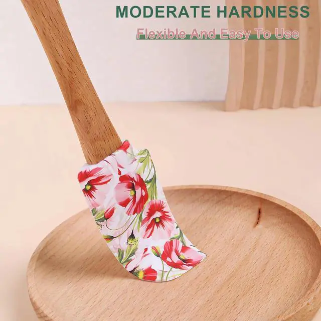 Alt view image 4 of 7 - Silicone Cooking Spatula Set with Wooden Handles: Ideal for daily cake & dessert baking, perfect as holiday gifts or surprise favors for kitchen gatherings. (4 pcs Floral Pattern, 8.3 IN)