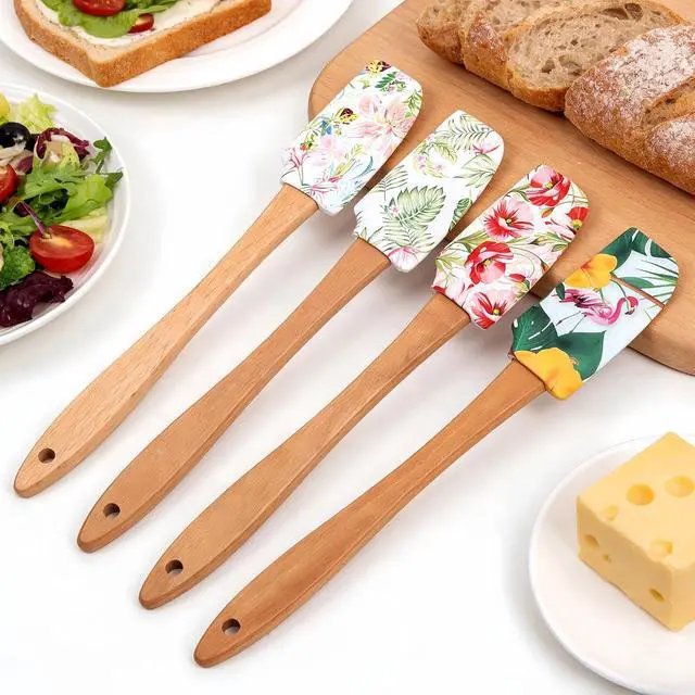 Alt view image 6 of 7 - Silicone Cooking Spatula Set with Wooden Handles: Ideal for daily cake & dessert baking, perfect as holiday gifts or surprise favors for kitchen gatherings. (4 pcs Floral Pattern, 8.3 IN)