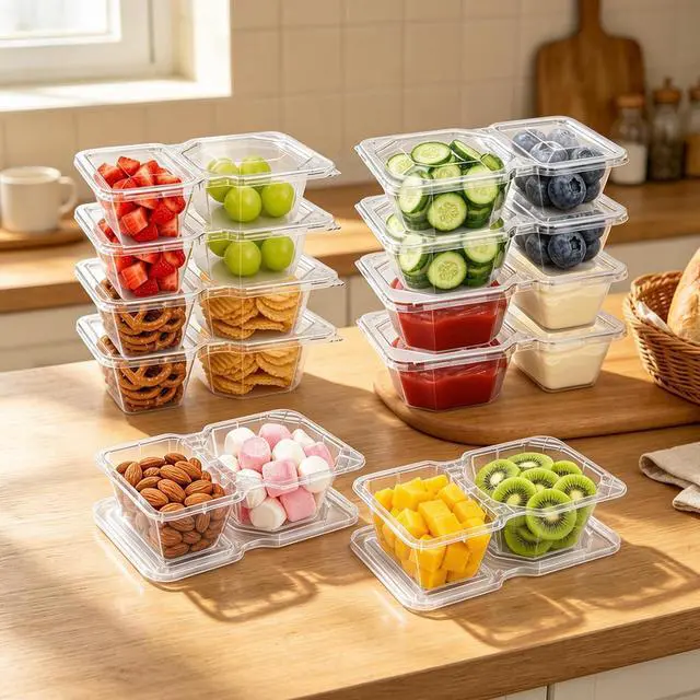 Main image of QCQHDU 8 oz Snack Containers with Lids, Disposable, Clear, 10 Sets | 2 Compartments, Stackable, Portion Control, Meal Prep, to go Meal Dipping Sauce Snack Pack Boxes Containers