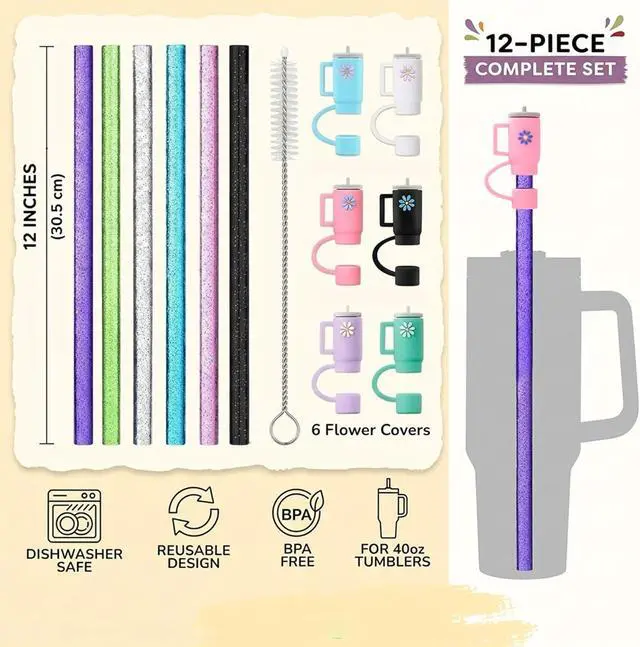 Alt view image 2 of 7 - 12 Pack Replacement Glitter Straws and Covers for 40 oz Stanley Adventure Travel Tumbler Cup, Reusable Glitter Straws with Cleaning Brush, Compatible with 40oz 30oz 20oz 14oz Stanley Water Jug, 12inch
