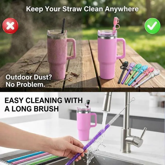 Alt view image 5 of 7 - 12 Pack Replacement Glitter Straws and Covers for 40 oz Stanley Adventure Travel Tumbler Cup, Reusable Glitter Straws with Cleaning Brush, Compatible with 40oz 30oz 20oz 14oz Stanley Water Jug, 12inch