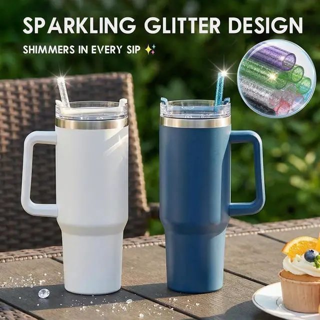 Alt view image 4 of 7 - 12 Pack Replacement Glitter Straws and Covers for 40 oz Stanley Adventure Travel Tumbler Cup, Reusable Glitter Straws with Cleaning Brush, Compatible with 40oz 30oz 20oz 14oz Stanley Water Jug, 12inch