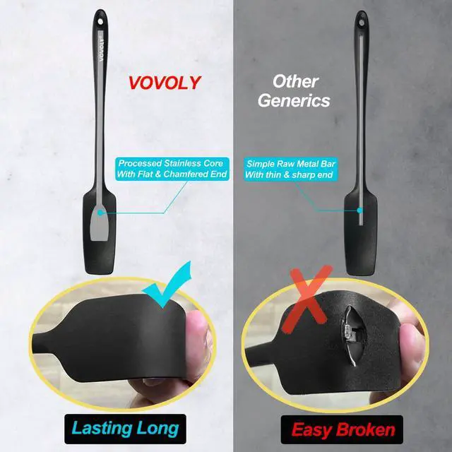 Alt view image 4 of 7 - 2-Pack Silicone Small Jar Spatulas with Long Handle, Upgraded Heat Resistant Spatula for Non Stick Cookware, Seamless Design, Stainless Steel Core, BPA Free Spoonula, Black