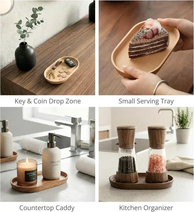 Alt view image 4 of 7 - Vandroop Beech Wooden Mini Serving Tray, Tea&Coffee Table Tray 7.9×4.7 | Small Oval Wood Plate, Decorative Tray for Jewellery, Key, Coin, Pens, for Parties, Garden, Kitchen, Bathroom etc.