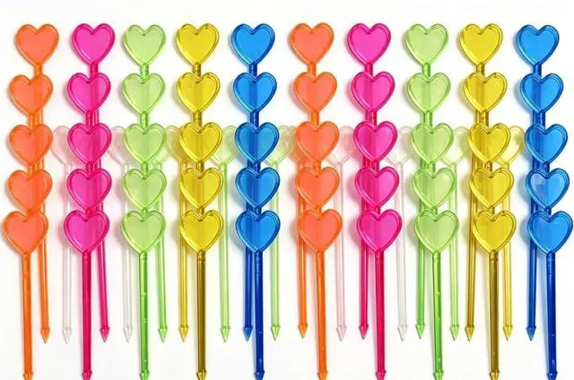Main image of 100 Pcs Multicolor Plastic Fruit Picks Toothpicks Heart Cocktail Appetizer Picks Finger Food Sticks Sandwich Drink Picks Cocktail Party Decorations, Heart Toothpicks Cocktail Picks
