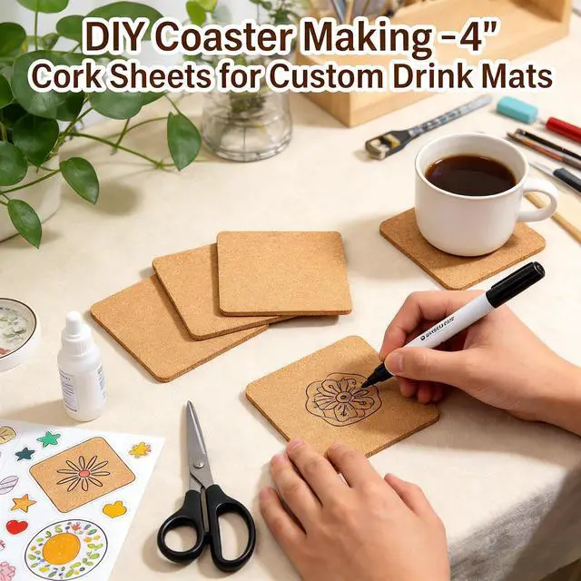 Alt view image 3 of 7 - Cork Sheets, 4-Pack 4" x 4" Natural Cork Tiles for DIY Coasters | Natural cork, 4" x 4", 3mm thick, cuttable, non-slip, odorless, for coasters, crafts, office, school, home
