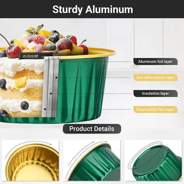 Alt view image 3 of 6 - EUSOAR Baking Cups Disposable, 25Packs 5oz Foil Ramekins with Lids Mini Muffin Liners Containers, Dessert Cheesecake Pan Creme Brulee Cupcake Containers for Catering Gathering Club Wedding Party