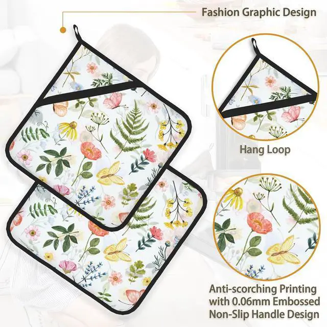 Alt view image 4 of 7 - Wildflowers Butterfly Herbs Pot Holder Set of 2,Heat Resistant Potholders Oven Hot Pads for Kitchen Cooking Baking BBQ