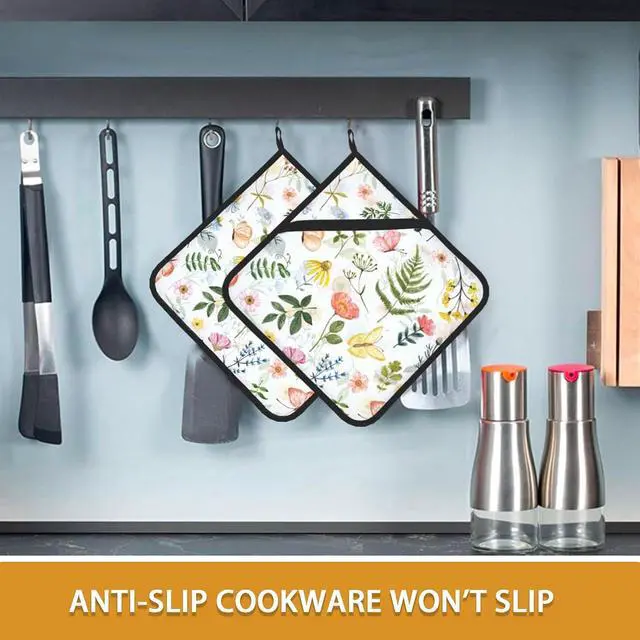Alt view image 6 of 7 - Wildflowers Butterfly Herbs Pot Holder Set of 2,Heat Resistant Potholders Oven Hot Pads for Kitchen Cooking Baking BBQ