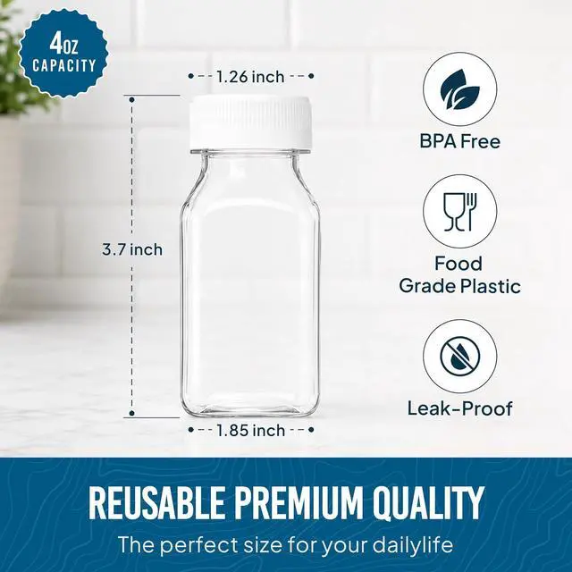 Alt view image 5 of 7 - Norcalway 4 Oz Small Plastic Bottles with Black Caps for Liquids - Ginger Shot Lids, Wellness Juice Freezer Safe, Leak Proof, Food Grade 4 Oz 6 Pack, white
