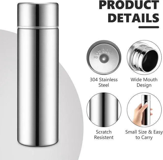 Alt view image 3 of 6 - Vesici 1 Pack 4.4oz Mini Insulated Water Bottle, Silver | Stainless Steel Small Water Bottle for Purse, Leakproof Pocket Size Reusable Flask for Kids Lunch Box, Coffee Travel & Gym