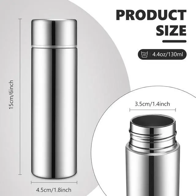 Alt view image 2 of 6 - Vesici 1 Pack 4.4oz Mini Insulated Water Bottle, Silver | Stainless Steel Small Water Bottle for Purse, Leakproof Pocket Size Reusable Flask for Kids Lunch Box, Coffee Travel & Gym