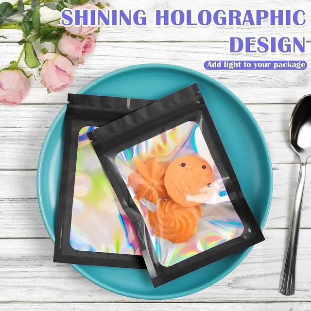 Alt view image 2 of 6 - JETMORE 100 PCS Holographic Bags, Black Mylar Bags, 2.4x3.9in Candy Bags | Smell proof bag design with clear window, goodie bags organize samples, favors and daily orders for neat storage and packing