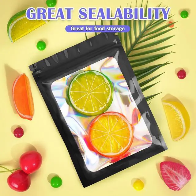 Alt view image 3 of 6 - JETMORE 100 PCS Holographic Bags, Black Mylar Bags, 2.4x3.9in Candy Bags | Smell proof bag design with clear window, goodie bags organize samples, favors and daily orders for neat storage and packing