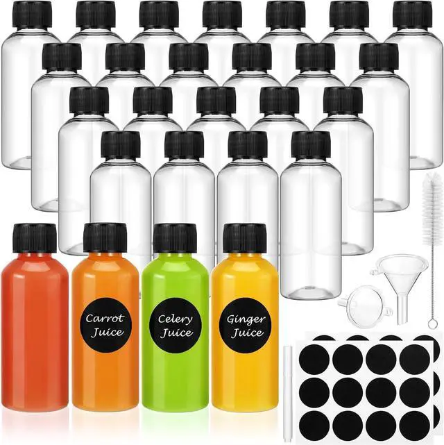 Main image of 16 Pack 2 oz Shot Bottles with Caps, Mini Reusable Plastic Ginger Shots Bottle Leakproof Juice Shot Bottles with Lids for Juice, Oil and Liquid Samples, Small Containers for DIY, Travel