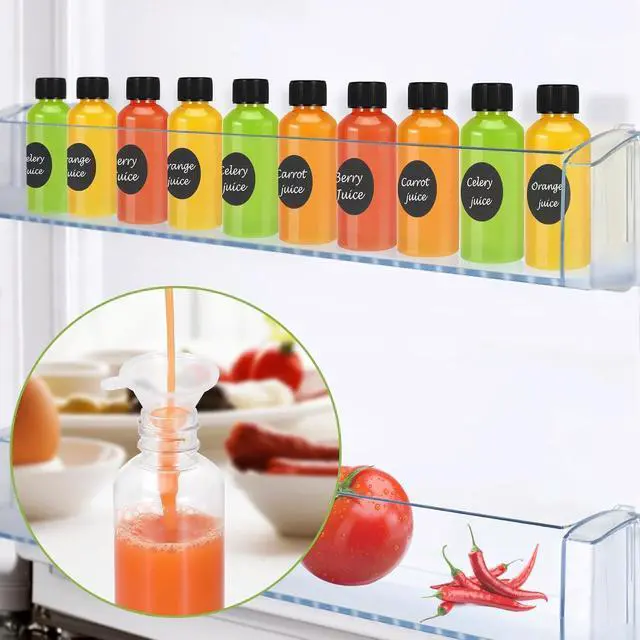 Alt view image 7 of 7 - 16 Pack 2 oz Shot Bottles with Caps, Mini Reusable Plastic Ginger Shots Bottle Leakproof Juice Shot Bottles with Lids for Juice, Oil and Liquid Samples, Small Containers for DIY, Travel