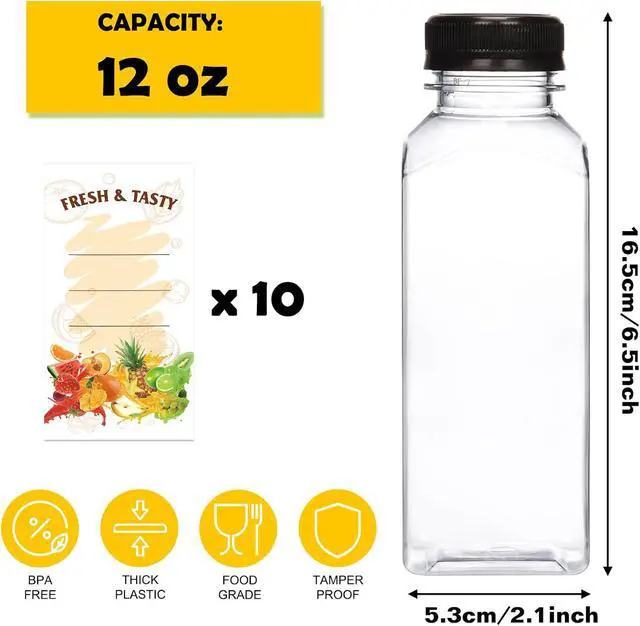 Alt view image 2 of 7 - BAKHUK 10pcs 12oz Empty Plastic Juice Bottles with Caps, Sticker Labels | Plastic Water Bottles with Lids, Reusable Clear Bulk Beverage Containers for Juice, Milk and Other Beverages